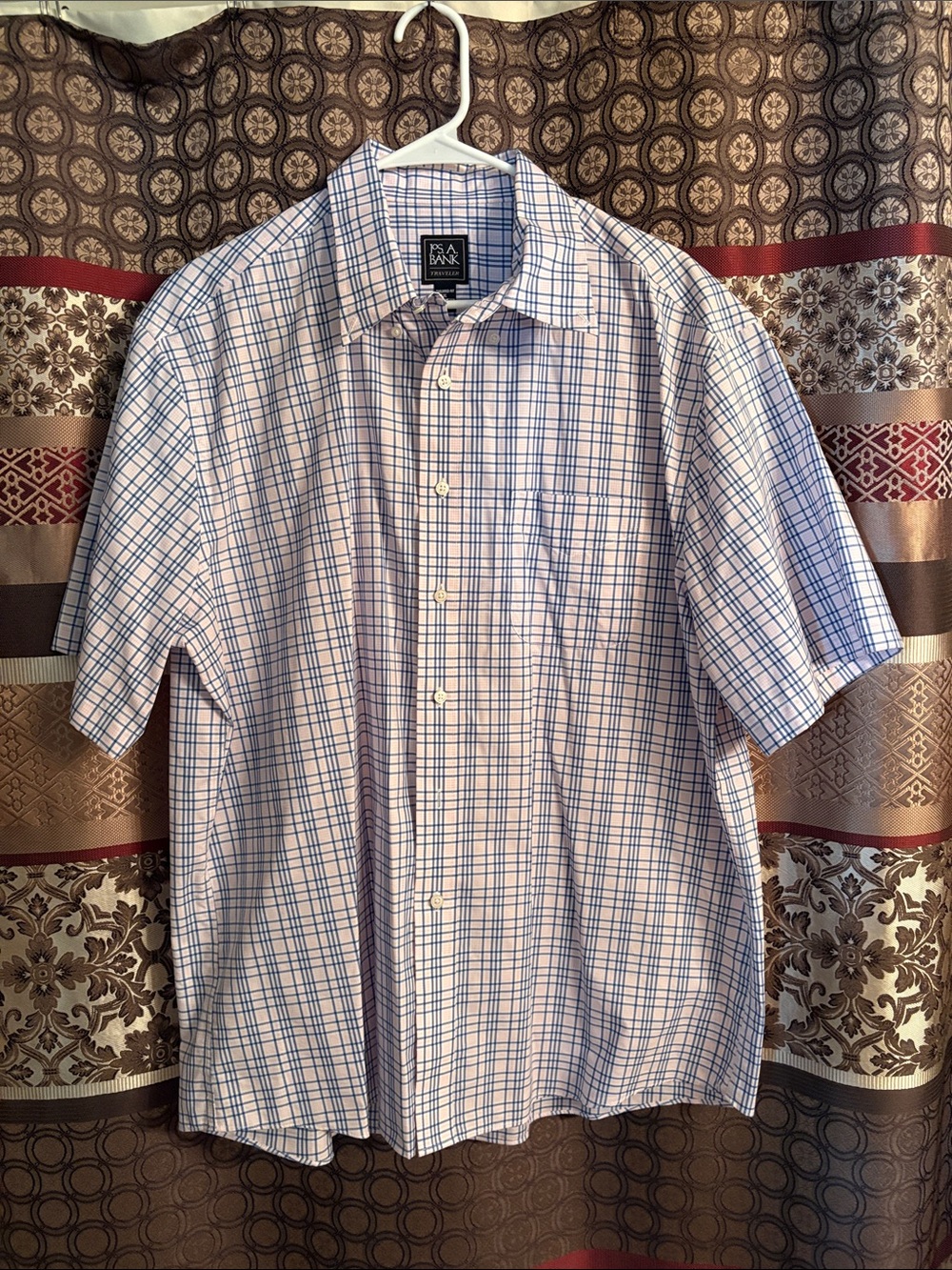 Jos. A. Bank Men’s Short-Sleeve Blue Plaid Button-Up Shirt
